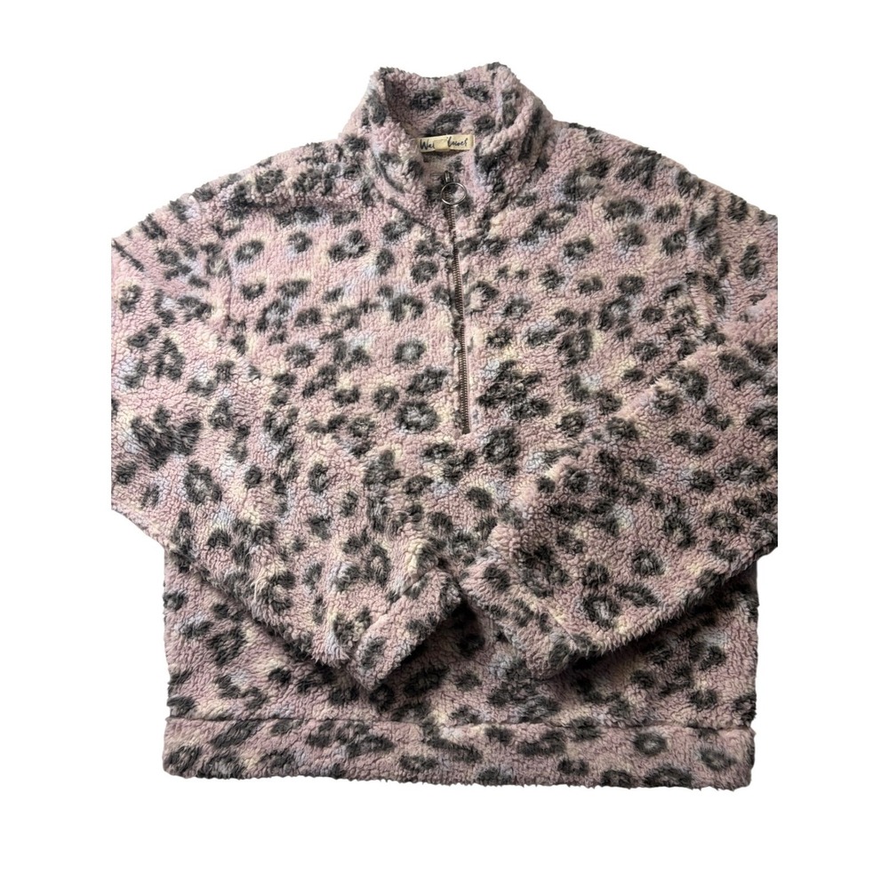 WallFlower Womens XL Leopard Sherpa Fleece Quarter Zip Pullover Lavender Pink